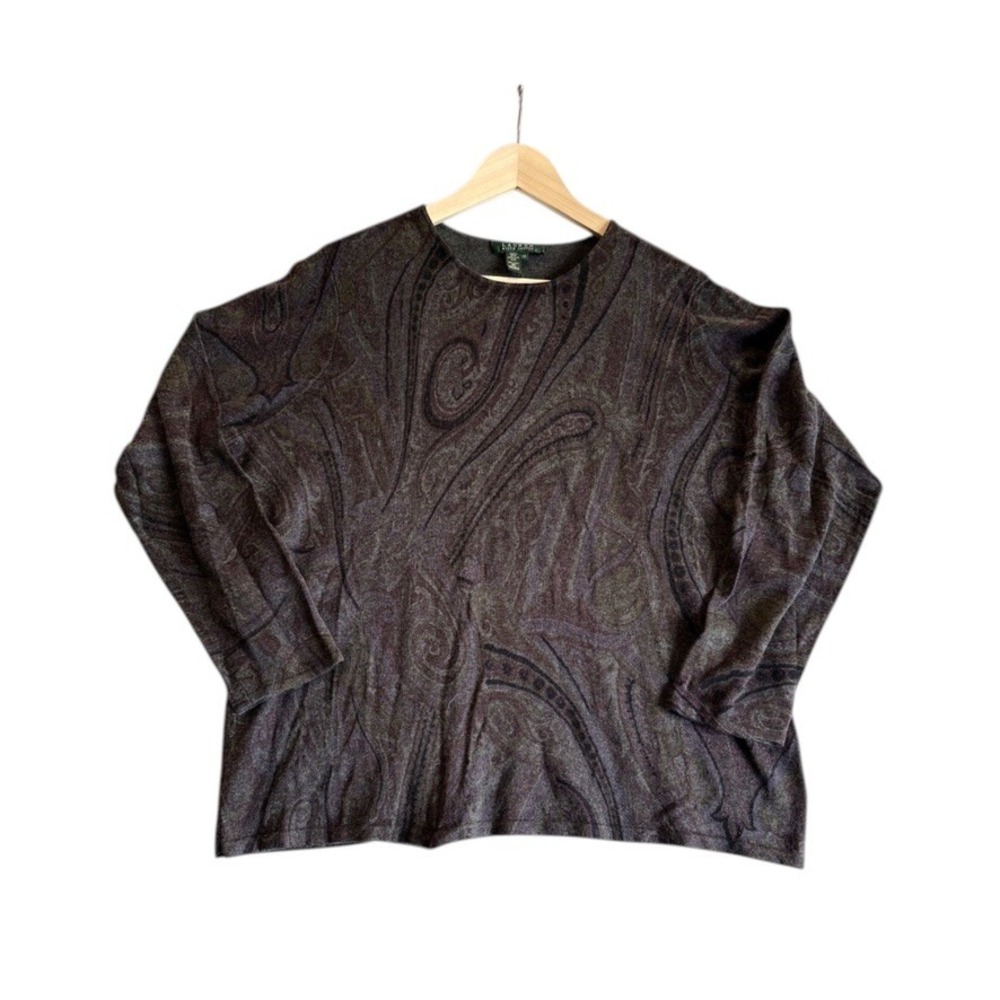 Lauren Ralph Lauren Sweater Women 2X Brown Paisley Silk Cashmere Knit
